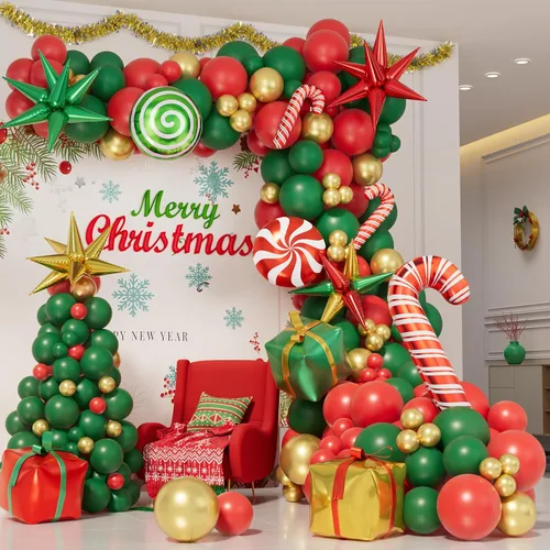 Vista 2 de Kit de arco de globos de Navidad de 171 piezas, globos rojos, verdes y dorados, globos de caja de regalo de caramelos, globos de papel de aluminio