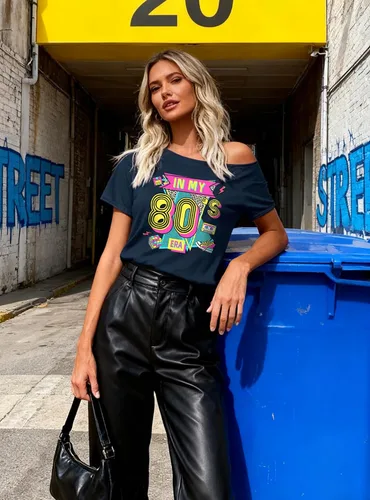 Vista 2 de Traje de los años 80 para mujer, camisas de neón de los años 90, camisetas con hombros descubiertos para mujer, camisetas vintage de la era