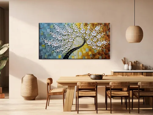 Vista 6 de YaSheng Art - Pintura al óleo de arte contemporánea hecha a mano de flores blancas en lienzo con textura 3D, pinturas de árbol abstractas
