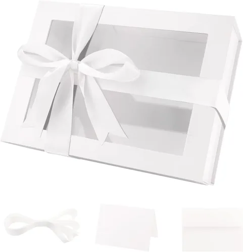 Vista 16 de PACKQUEEN Caja de regalo grande negra con ventana, 13.5 x 9 x 4.1 pulgadas, caja de regalo transparente para regalo, contiene cinta, tarjeta, caja