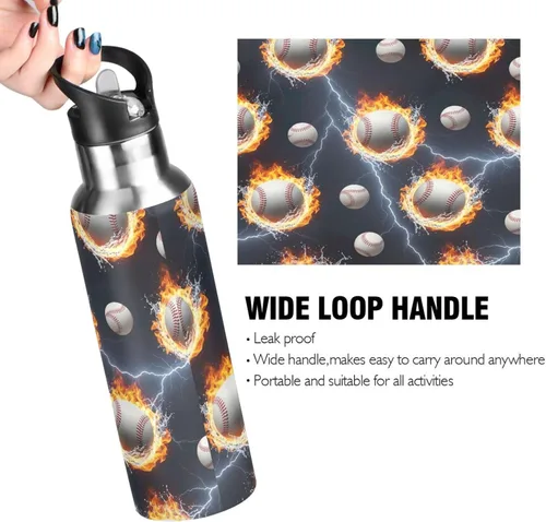 Vista 4 de Insulated Water Bottle 32 Oz, Leakproof Water Bottles for Gym Outdoor Travel School, Baseballs Splashes Water Flames