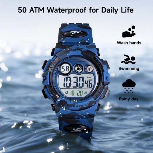 Vista 5 de Silike Reloj de pulsera digital para niños con alarma, cronómetro, función de temporizador para niños y niñas (6 a 15 años), color azul militar