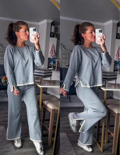 Vista 5 de Himosyber Conjunto de suéter de 2 piezas para mujer, sudadera de punto sin botones y pantalones deportivos