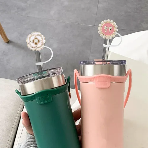 Vista 8 de Funda de popote para vaso Stanley de 40 onzas, 30 onzas, perlas brillantes, bonitos accesorios de taza de silicona a prueba de fugas reutilizables
