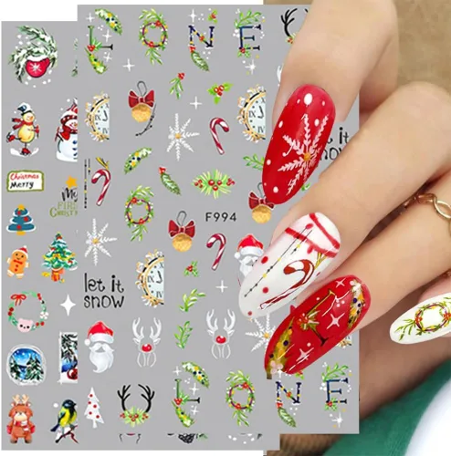 Vista 4 de 10 calcomanías de uñas de Navidad de invierno para mujeres, dibujos animados 3D, alce, muñeco de nieve, campanas de Papá Noel, copo de nieve