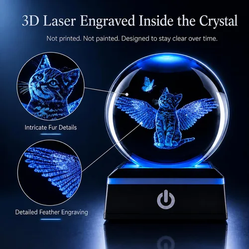 Vista 5 de Bola de cristal 3D con forma de gato y luz nocturna, regalos para mujeres, esposa, novia, niños, lámpara de cristal de 3.15 pulgadas, decoración