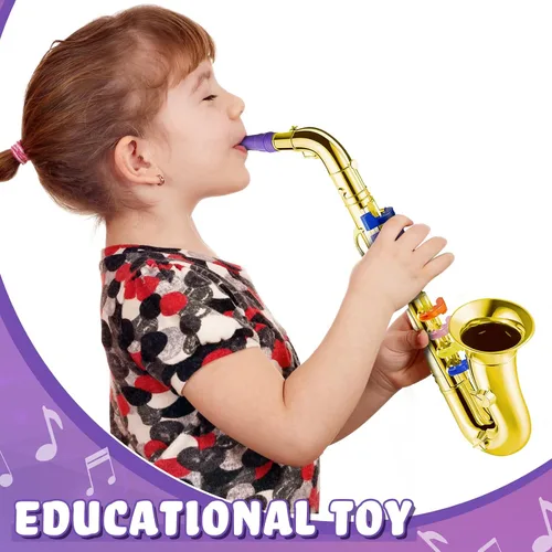 Vista 5 de Lewtemi Juego de 2 instrumentos musicales que incluyen trompeta de juguete y saxofón, trompeta de plástico, juguete educativo de Navidad, regalo