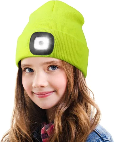 Vista 14 de Gorro LED para Niños, Unisex Gorro con Linterna Frontal Recargable de Invierno con Luz Nocturna, Regalos para Niños y Niñas Naranja