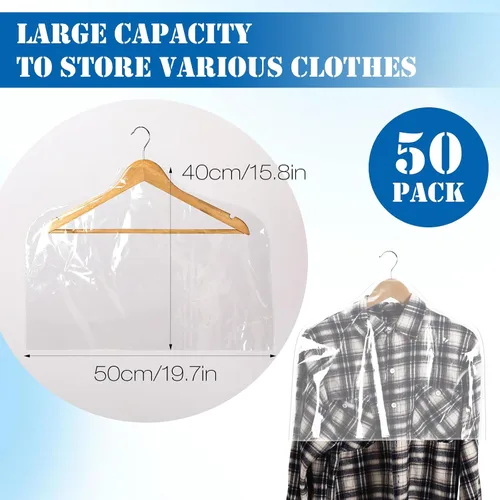 Vista 2 de Chumia Paquete de 50 fundas de hombro para ropa en el armario, fundas transparentes para colgar en trajes, chaquetas, camisas, protector organizador