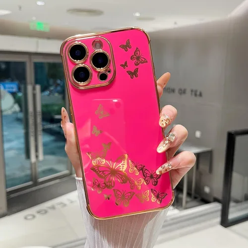 Vista 9 de ZTOFERA Funda protectora para iPhone 16 Pro, funda protectora para mujer, linda mariposa galvanizada, borde dorado, a prueba de golpes, delgada