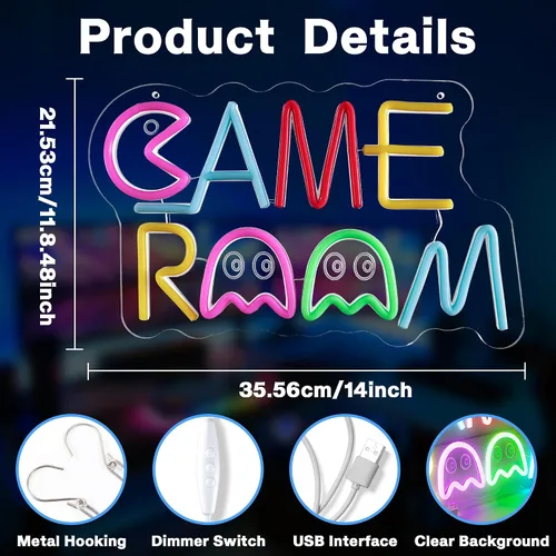 Vista 2 de Letrero LED de neón retro para sala de juegos, Pac Man y fantasmas, decoración de fantasma retro con USB/interruptor de luz de neón para sala