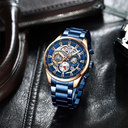 Vista 2 de FANMIS Relojes de lujo para hombre, cronógrafo de negocios, impermeable, de acero inoxidable, analógico, de cuarzo, reloj de pulsera B Azul