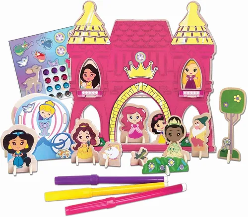 Vista 4 de Disney Princess - Juego de actividades de decoración de castillo de madera – Kit de manualidades de castillo y princesa con calcomanías, marcadores