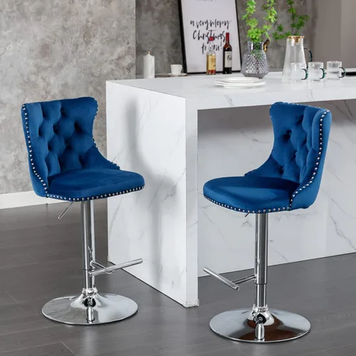 Vista 3 de Taburete de bar giratorio ajustable de altura de mostrador, silla de bar tapizada de terciopelo con base cromada con respaldo acolchonado