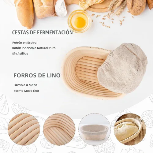 Vista 2 de DOYOLLA Juego Mini de Cestas Ovaladas para Fermentación (16.5 cm, juego de 5), Cestas para Masa de Pan de Masa Madre con Forros para Panaderos
