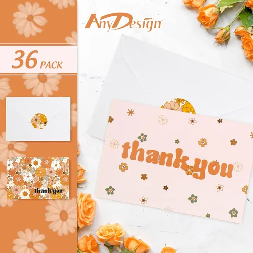 Vista 3 de AnyDesign Paquete de 36 tarjetas de agradecimiento de arco iris boho con calcomanías de sello a juego, sobres de tarjetas de felicitación hippie