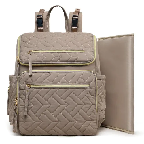 Vista 8 de Omanmoli Bolsa de pañales a cuadros, mochila grande de cuero para pañales con 17 bolsas organizadoras, cambiador, correas para cochecito, 4 Beige