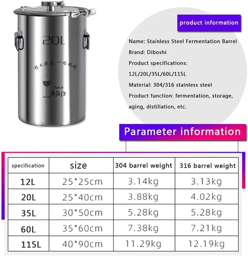 Vista 7 de Pequeño fermentador doméstico de acero inoxidable 60L 316, tanque de almacenamiento de vino, tanque sellado, destilación de vino y contenedor