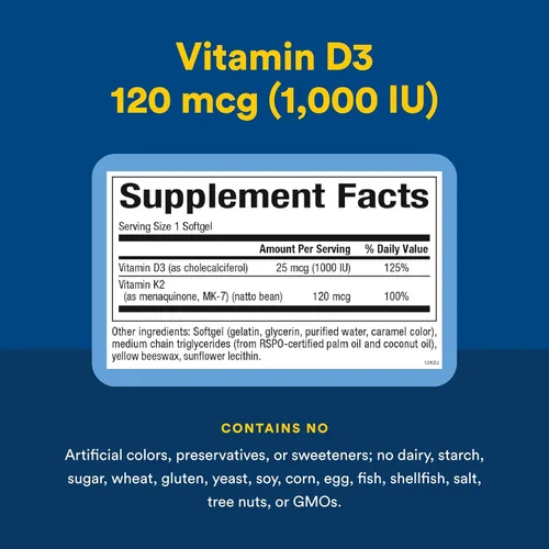 Vista 4 de Natural Factors, Vitamina D3 y K2 1000 UI y 120 mcg, apoya la salud ósea y vascular, 60 cápsulas blandas