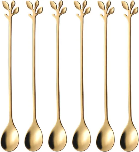 Vista 12 de AnSaw 6 cucharaditas elegantes de mango largo de hoja negra, cucharas de acero inoxidable de 7.4 pulgadas para café y té, perfectas para mezclar