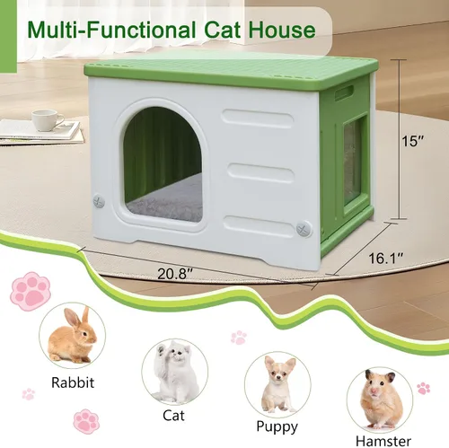 Vista 6 de Casa de plástico para gatos al aire libre e interior, casas impermeables para gatos con puerta de escape, casa resistente para gatos al aire libre