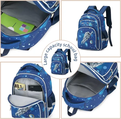 Vista 4 de Mochila para niños, mochila de 16 pulgadas para niños de preescolar primaria de jardín de infantes, bolsillos laterales con correa en el pecho, Azul