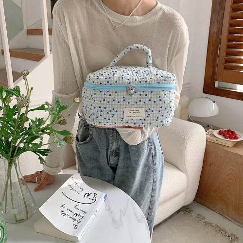 Vista 2 de Bolsa de cosméticos de viaje, bolsa de maquillaje de algodón, bolsa de aseo acolchada con hermoso patrón floral, bolsa de cosméticos de gran