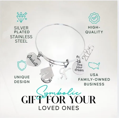 Vista 4 de Infinity Collection - Pulsera de graduación personalizada 2024 con dije de letra - Regalo de graduación, regalo para graduados, edición 2024, Metal