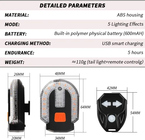 Vista 7 de 4 señales de giro para bicicletas con alarma, control remoto de carga USB, luz trasera de bicicleta integrada, 5 modos, impermeable, estroboscópica