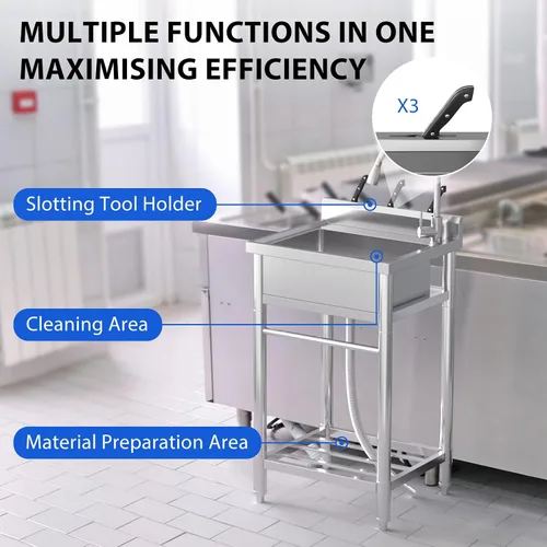 Vista 7 de Fregadero de cocina de acero inoxidable, fregadero utilitario de 24 x 20 x 41 pulgadas con grifo extraíble, grifo de agua caliente y fría, cuenco