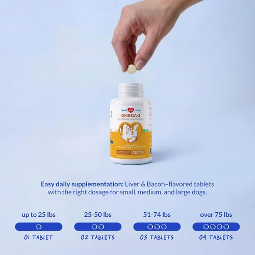 Vista 6 de Aceite de pescado Omega 3 para perros, 120 tabletas masticables - con Omega 3, 6 y 9, vitamina E para el desprendimiento de perros, picazón, piel