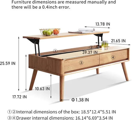 Vista 3 de Mesa auxiliar elevable con almacenamiento, mesa de centro elevadora de madera de roble 100% maciza, mesa de centro de madera de 39 pulgadas