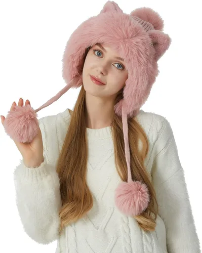Vista 4 de HUAMULAN - Gorro de invierno para mujer estilo peruano con forro polar, solapas para orejas, doble capa, con pompones