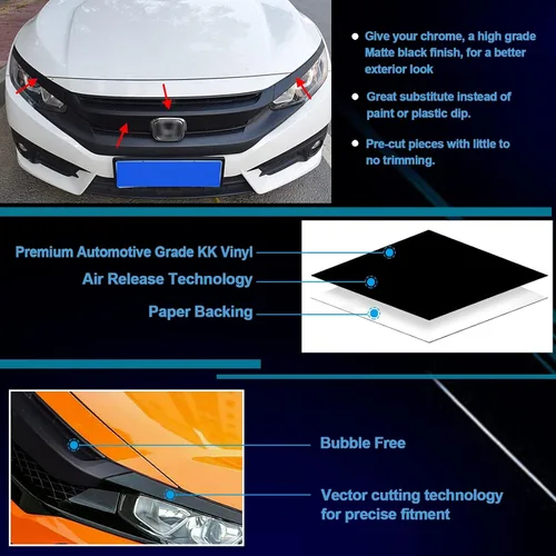 Vista 2 de x xotic tech Cubierta de vinilo precortada cromada para rejilla delantera, compatible con Honda Civic 10ª generación 2016-2021 (negro brillante)