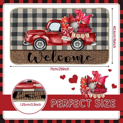 Vista 2 de Tatuo Tapete decorativo para el día de San Valentín, tapete decorativo a cuadros rojos para camión, gnomo, tapete de bienvenida, antideslizante