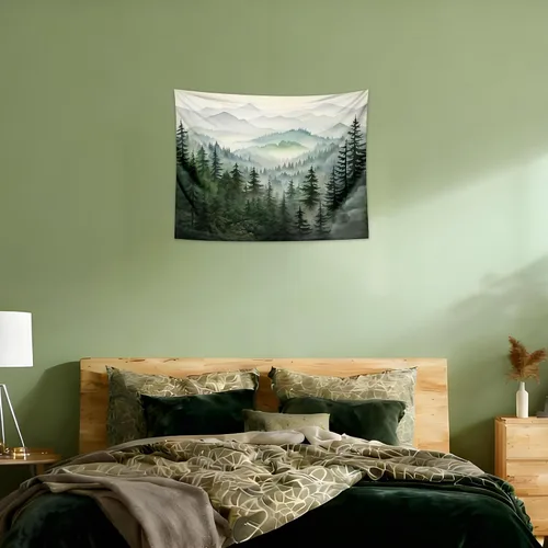 Vista 4 de QGHOT Tapiz de bosque brumoso, tapiz de montaña natural para colgar en la pared, paisaje de acuarela verde salvia, arte de pared para dormitorio