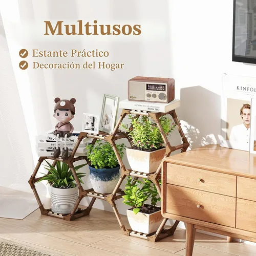 Vista 2 de Tikea Soporte para Plantas de Interior y Exterior Soporte Hexagonal de Esquina para Plantas Suculentas Plantas Pequeñas Estante de Madera