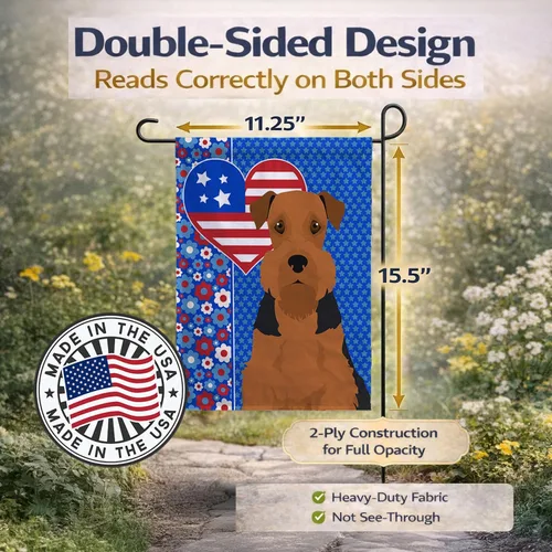Vista 4 de Caroline's Treasures WDK5119GF - Bandera de jardín americana de Airedale Terrier de Estados Unidos, color negro y tostado, bandera decorativa