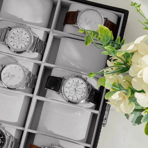 Vista 5 de Oyydecor Caja de reloj de piel sintética, organizador de almacenamiento de madera para almacenamiento y exhibición, regalos de hombres y mujeres