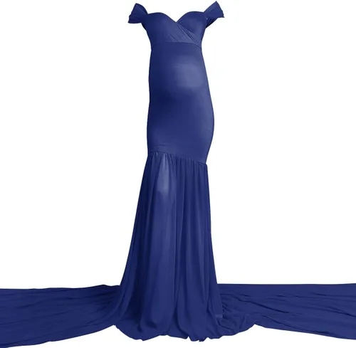 Vista 3 de Vestido de maternidad para mujer, para fotografía, sirena con hombros descubiertos, ajustado, de gasa, con vuelo, para baby shower, maxivestido