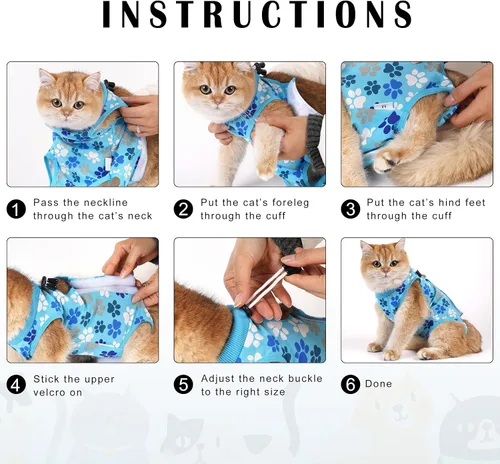 Vista 10 de Traje de recuperación para gatos: Traje de poscirugía azul suave para gatos con diseño de huella de pata - Traje de recuperación elástico