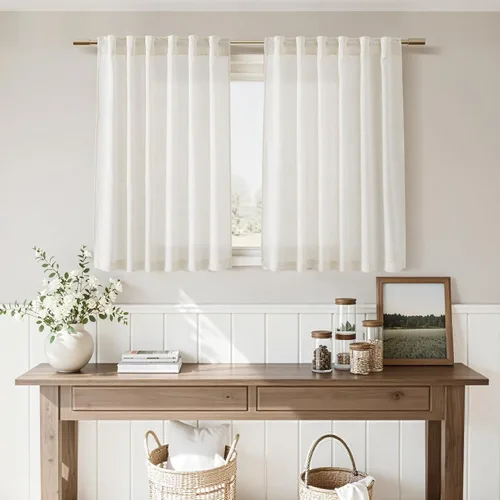 Vista 8 de Nanspring Cortinas color crema de 30 pulgadas de largo para cocina, mezcla de lino, semitransparentes, pestaña trasera y bolsillo para barra, filtro