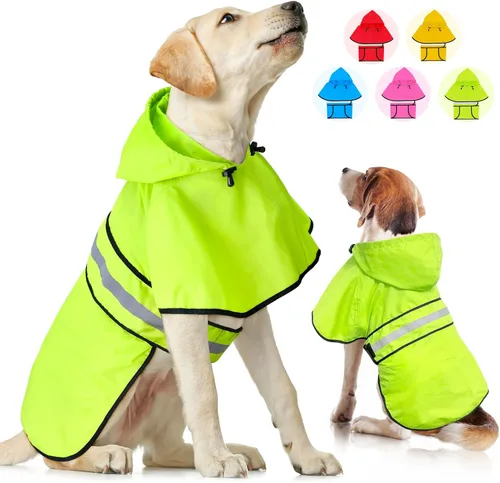 Vista 17 de Weesiber Chubasquero para perro, impermeable con agujero para correa, ropa de lluvia con capucha reflectante para cachorros, poncho para mascotas