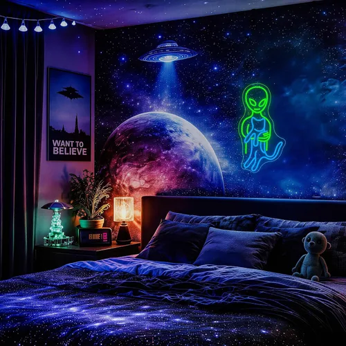 Vista 4 de Ineonlife Letreros de neón de alienígena verde, divertidos letreros de neón de gato alienígena para cueva de hombres, luz LED, decoración de arte