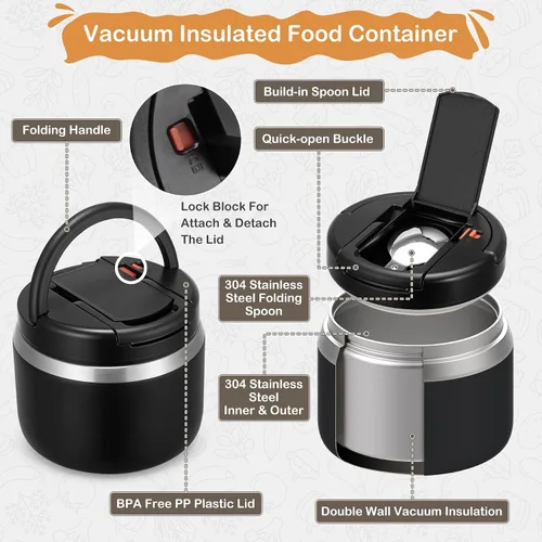 Vista 4 de MAXSO Tarro de comida aislado al vacío de 14 onzas con tapa de hebilla de cuchara, termo de sopa para niños para comida caliente, boca ancha, Negro