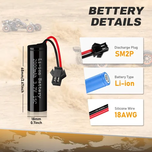 Vista 3 de Batería de iones de litio de 3.7 V 2000 mAh, paquete de 2 con 2 cargadores USB, enchufe SM-2P, batería recargable 15C RC compatible con autos