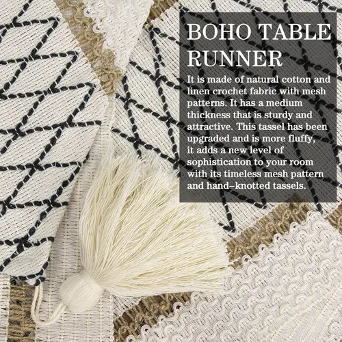 Vista 5 de yuboo Camino de mesa bohemio con extremo triangular, caminos de mesa pequeños de 36 pulgadas, cubierta de tocador de macramé para mesita de noche