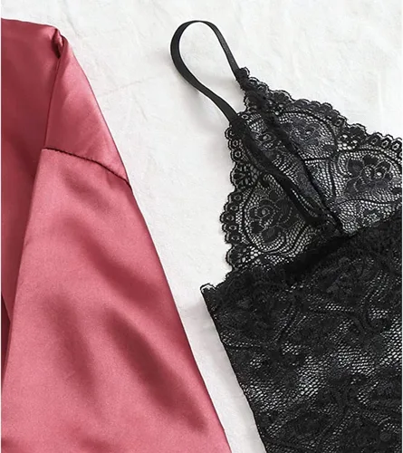 Vista 4 de Conjunto de pijama de satén de encaje de 4 piezas para mujer con bata