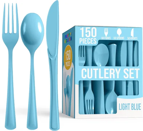 Vista 15 de Party Solids Cubiertos de plástico negro resistente, 150 piezas, cubiertos desechables negros, juegos de utensilios, 50 de cada tenedor, cuchillos
