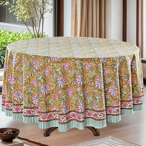 Vista 12 de Ridhi Mantel redondo con estampado de bloques a mano, color verde espárrago Espárragos verdes